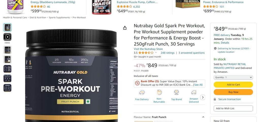Nutrabay Gold Spark Pre-Workout - 250g, Fruit Punch