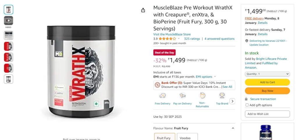 MuscleBlaze Pre Workout WrathX with Creapure®, enXtra, & BioPerine (Fruit Fury, 300 g, 30 Servings)