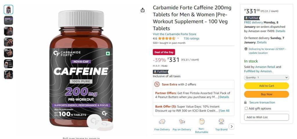 Carbamide Forte Caffeine 200mg Tablets for Men & Women |Pre-Workout Supplement - 100 Veg Tablets