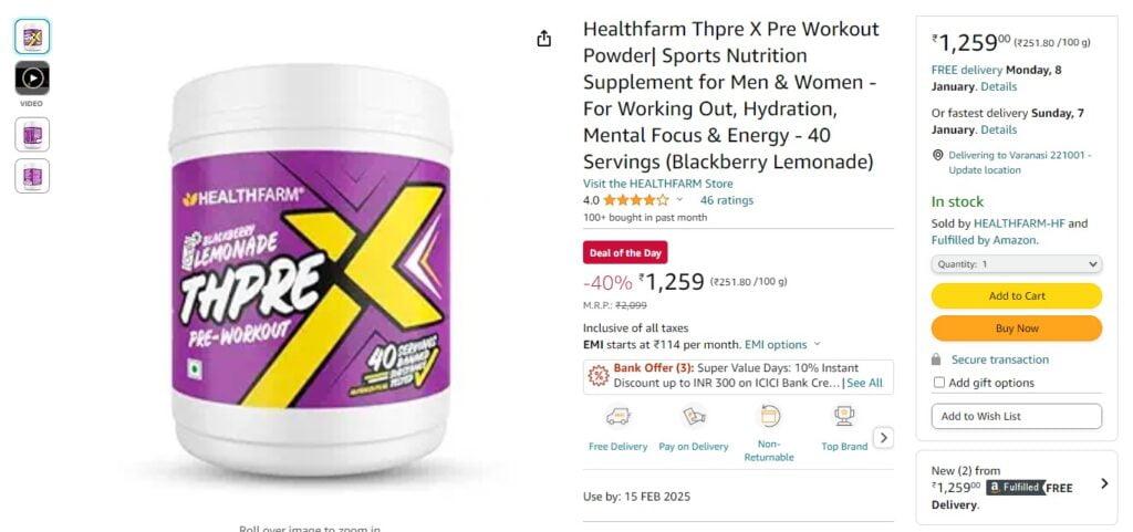 Healthfarm Thpre X Pre Workout Powder| Sports Nutrition Supplement for Men & Women - For Working Out, Hydration, Mental Focus & Energy - 40 Servings (Blackberry Lemonade