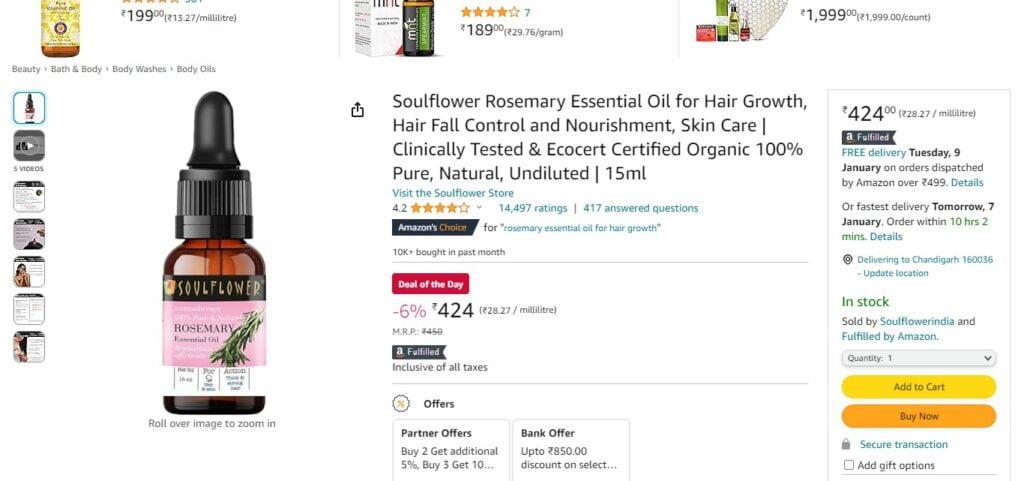 Soulflower Rosemary Essential Oil for Hair Growth