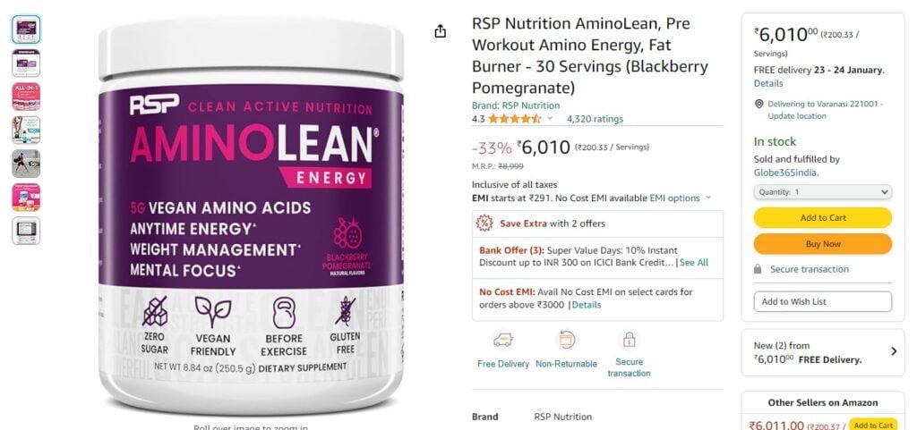 RSP nutrition AminoLean Pre Workout powder