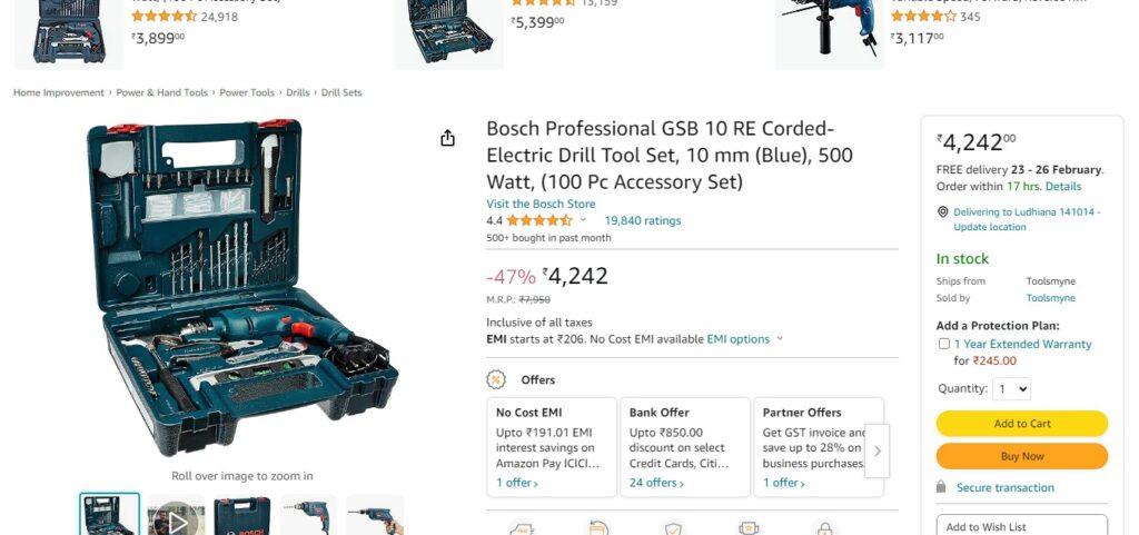 .Bosch GSB 500W 10 RE Professional Tool Kit