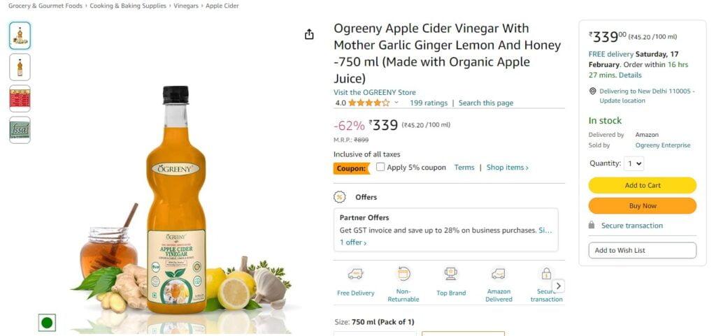 Ogreeny Apple Cider Vinegar Mother with Garlic Ginger Lemon And Honey