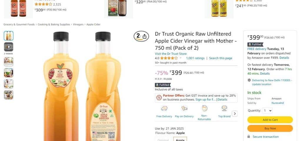 Dr Trust Organic Raw Unfiltered Apple Cider Vinegar with Mother - 750 ml (Pack of 2)