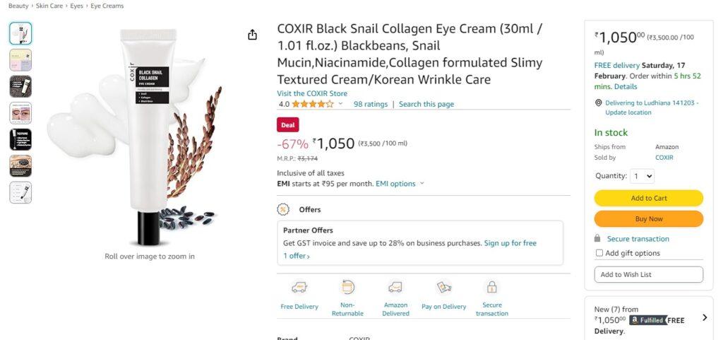 COXIR Black Snail Collagen Eye Cream (30ml / 1.01 fl.oz.) 