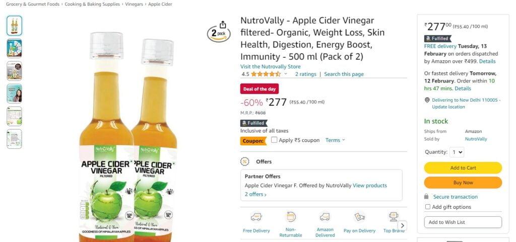 NutroVally - Apple Cider Vinegar filtered- Organic, Weight Loss, Skin Health, Digestion, Energy Boost, Immunity - 500 ml (Pack of 2)