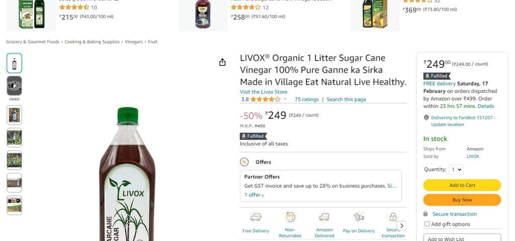 LIVOX Organic 1 Litre Sugar Cane Vinegar 100% Pure ganne ka sirka Made in Village Vinegar (2 x 1 L