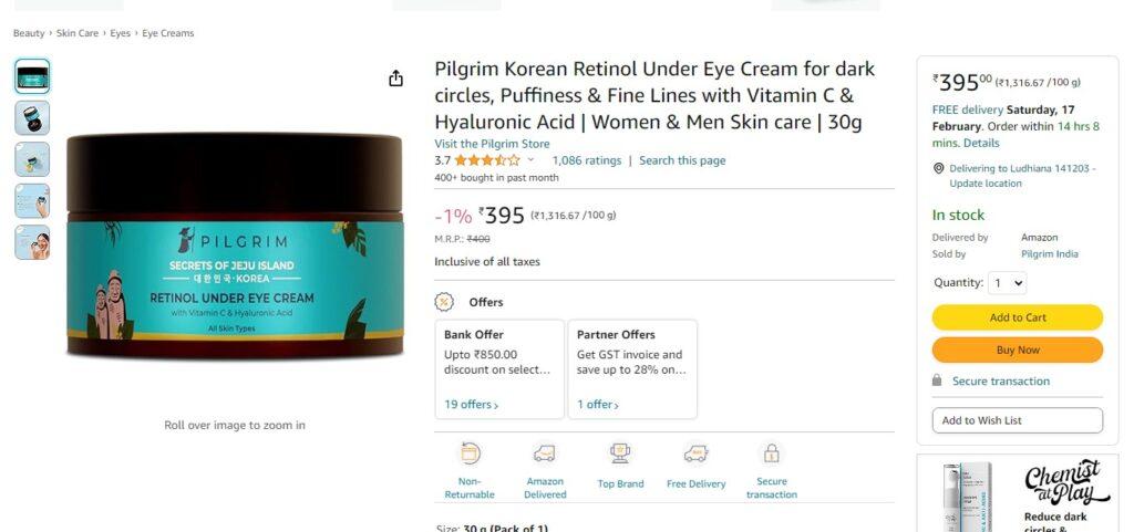 Pilgrim Korean Retinol Under Eye Cream for dark circles