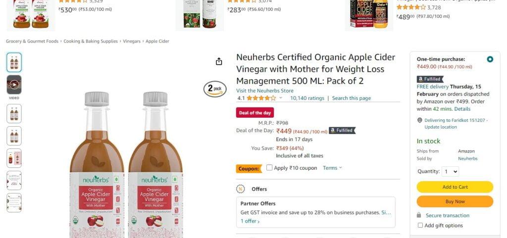 Neuherbs Certified Organic Apple Cider Vinegar with Mother