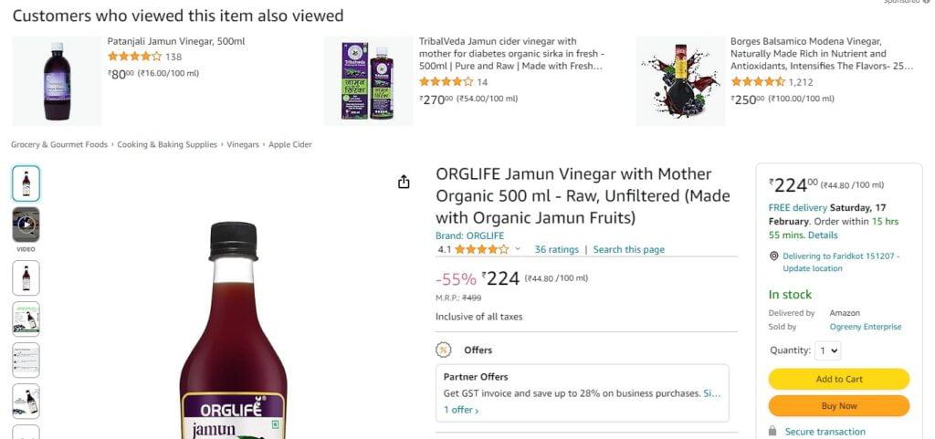 .ORGLIFE Jamun Vinegar with Mother Organic 500 ml - Raw, Unfiltered (Made with Organic Jamun Fruits)