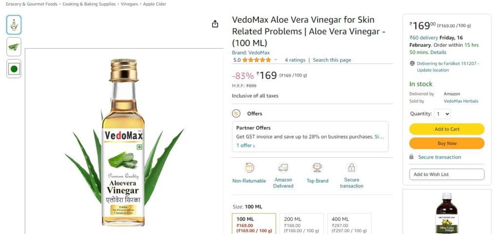 VedoMax Aloe Vera Vinegar for Skin Related Problems | Aloe Vera Vinegar - (100 ML)