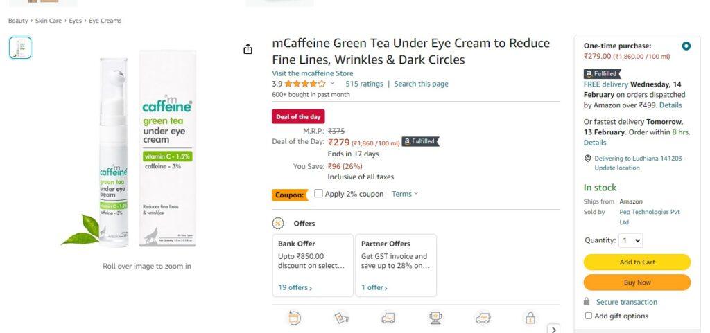 mCaffeine Green Tea Under Eye Cream to Reduce Fine Lines, Wrinkles & Dark Circles