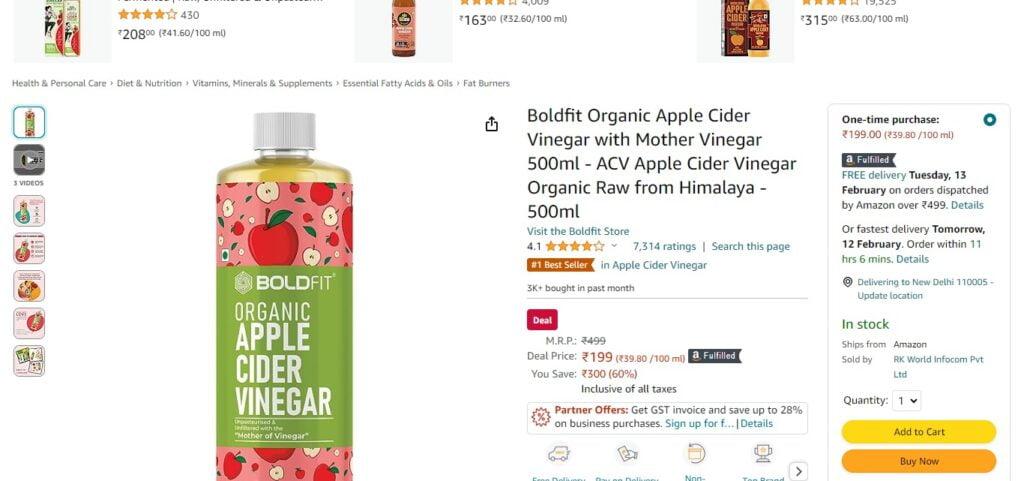 Boldfit Organic Apple Cider Vinegar with Mother Vinegar 500ml
