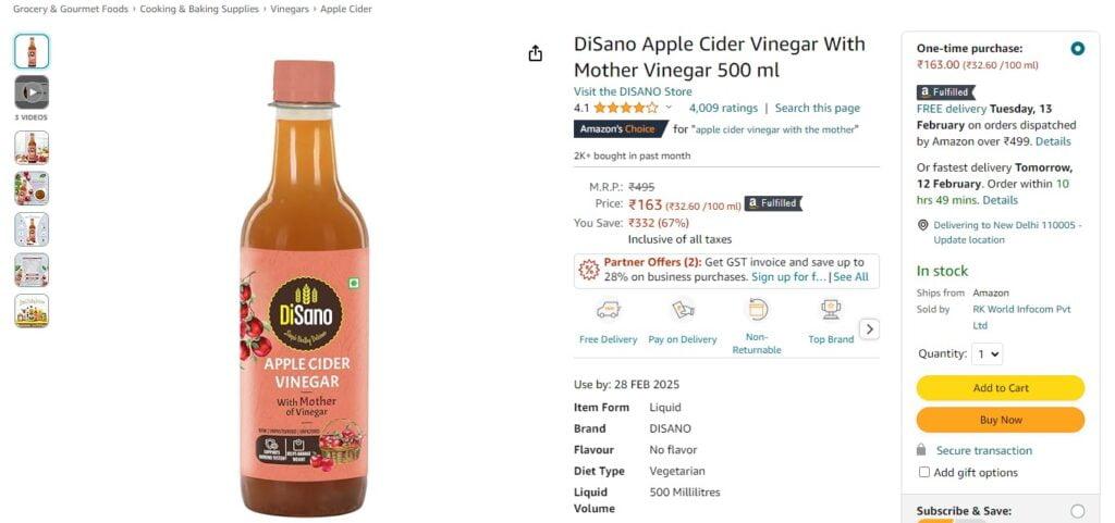 DiSano Apple Cider Vinegar With Mother Vinegar 500 ml