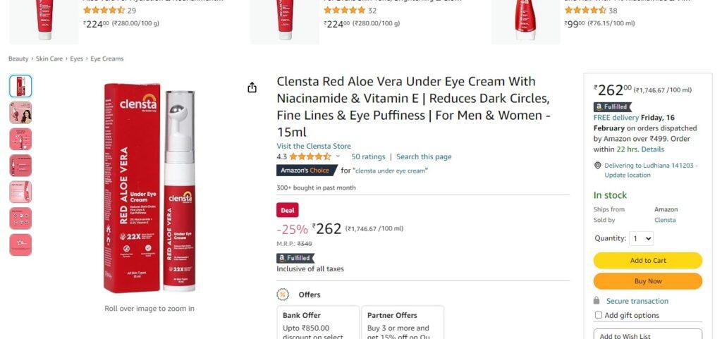 Clensta Red Aloe Vera Under Eye Cream With Niacinamide & Vitami