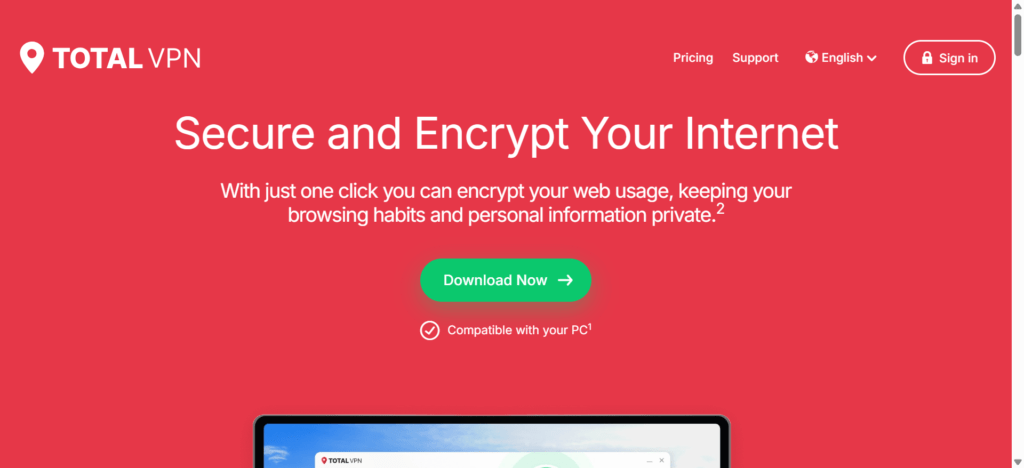 Total VPN encrypts internet traffic and hides